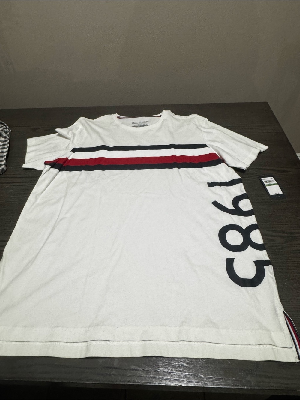 Tommy Hilfiger White Tee with Red & Navy Stripe and Side Logo